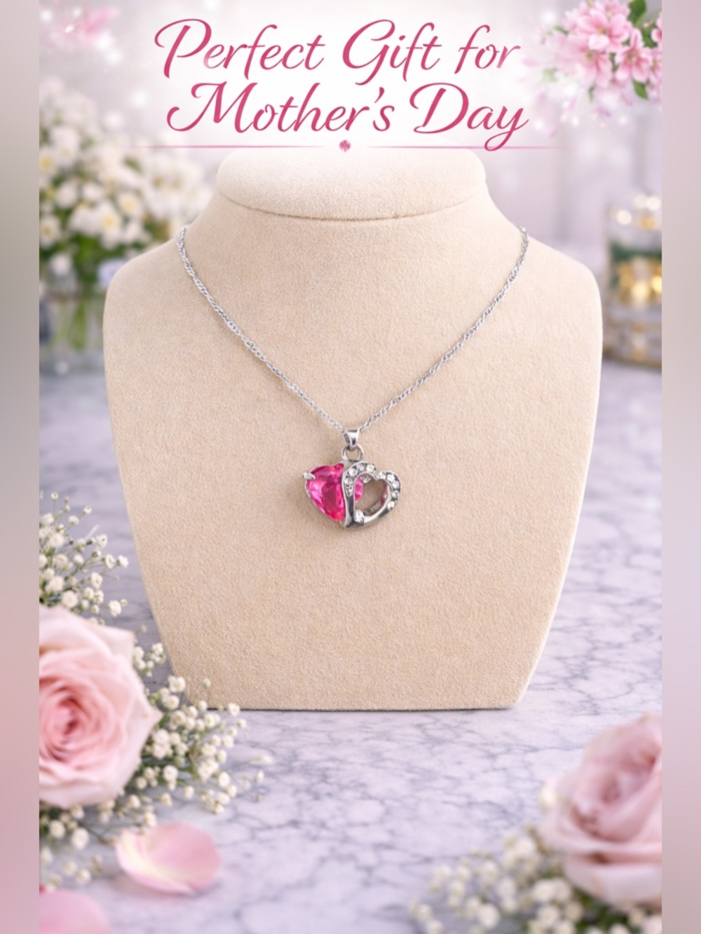 Elegant Pink Heart Birthstone Necklace |Double Heart Pendant | Mother’s Day Gift - Picture 2 of 3